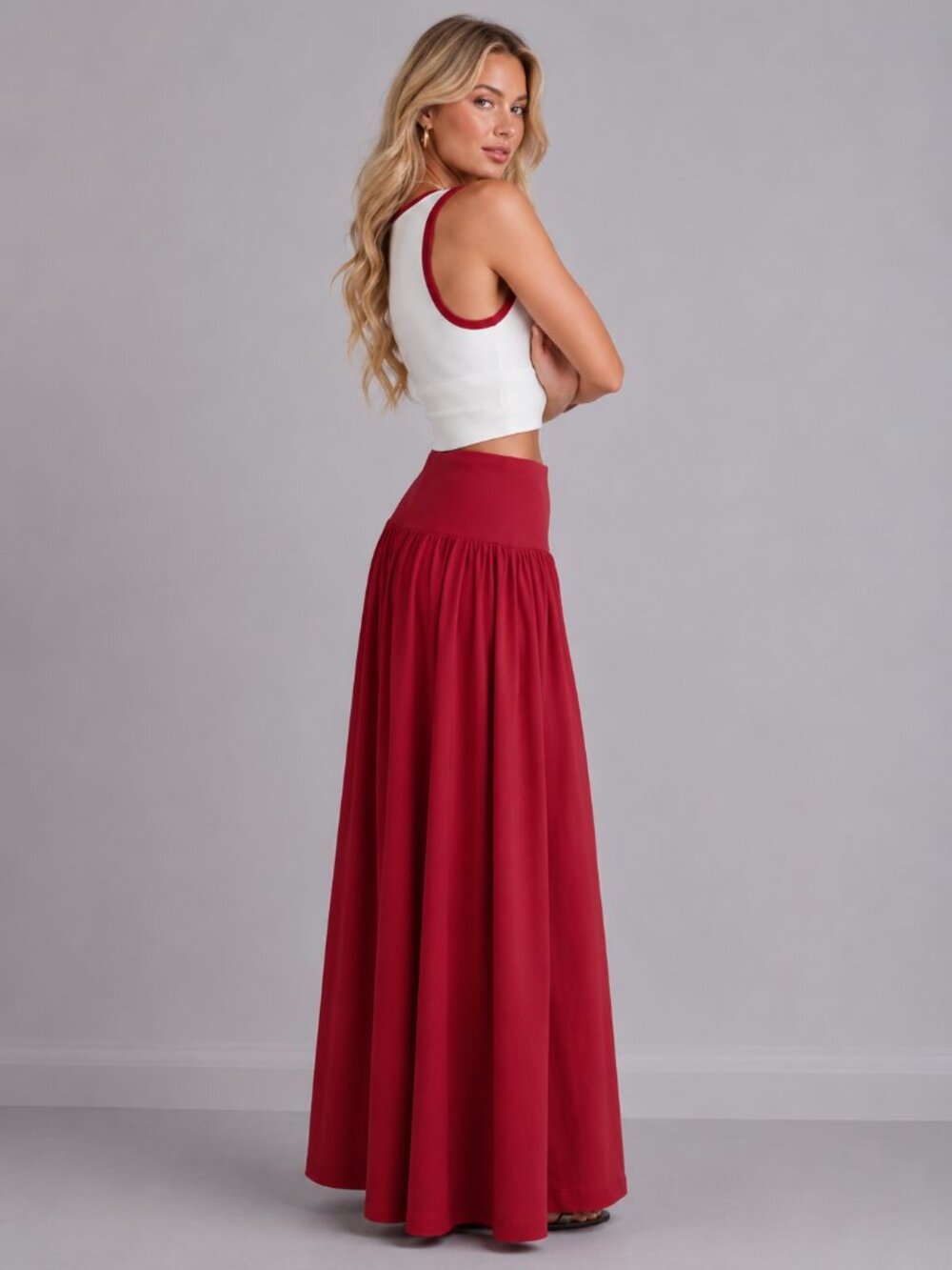 Women's Red Cotton High Waist Pleated Maxi Skirt Flowy Boho Summer - Picture 2 of 4